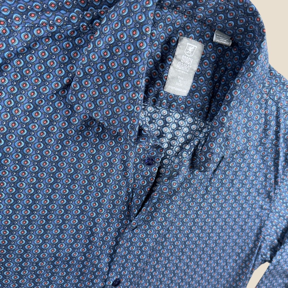 Stacy Adams Shirt Mens XL 17.5 Blue Geometric Stretch Long Sleeve Button Up